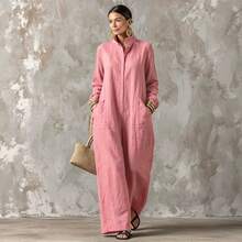 Summer Casual Dress New Arrival Solid Color Lapel Collar Button Front Long Sleeve Loose Dress With Side Pockets - 粉色 - 查看 4