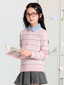 Balabala Tween Girl Knit Sweater Soft Pullover Top Matching Family Style Comfortable Autumn Winter Wear - Red and White - View 2