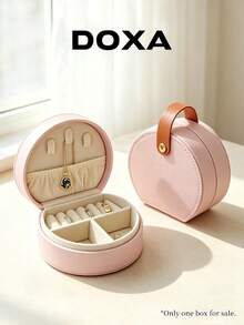 DOXA Mini Portable Leather Jewelry Box With Handle, Travel Ring Necklace Earring Storage Organizer - Pink - View 1