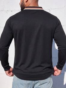 Striped Trim Lapel Collar Long Sleeve Polo, Regular Fit Casual Basic Top, All-Match Daily Wear, Perfect Present For Guys - Black - View 2