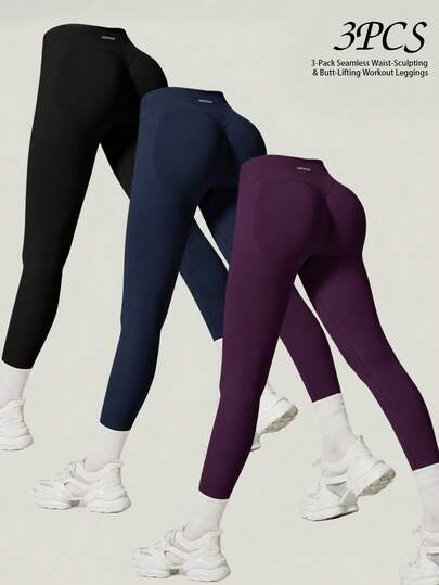 UONNOU 3pcs Women's Seamless Soft High Waist Tummy Control Peach Butt Lifting Leg Shaping Yoga Pants, Fitness Casual Sports Wear