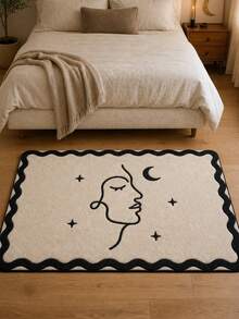 1pc Abstract Line Art Moon Face Area Rug Minimalist Black White Celestial Boho Aesthetic One Line Star Moon Print Modern Rug For Living Room Bedroom Home Decor Neutral Aesthetic Housewarming Gift For Women Girls Floor Carpet Mat - Black and White - View 1