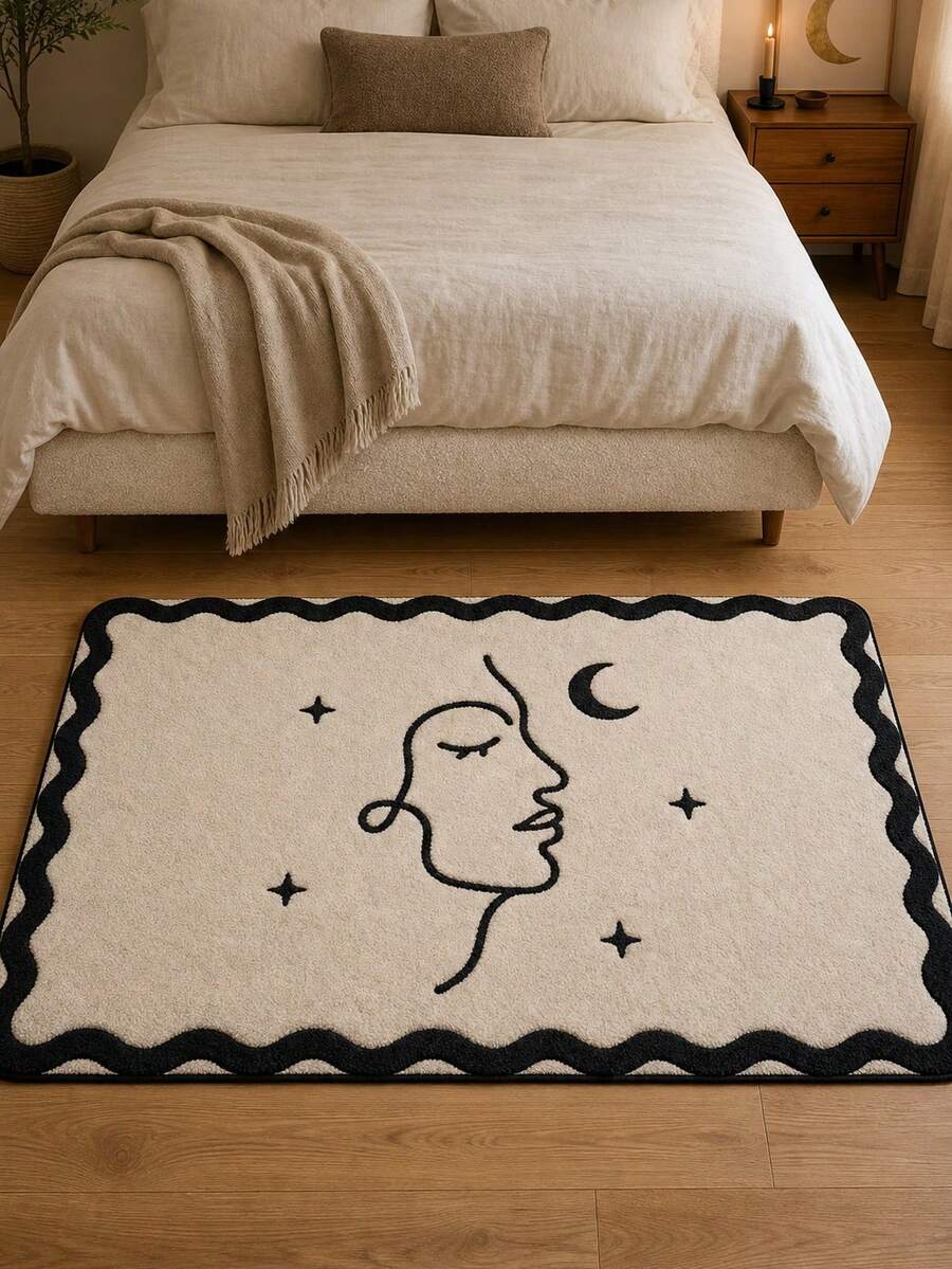 1pc Abstract Line Art Moon Face Area Rug Minimalist Black White Celestial Boho Aesthetic One Line Star Moon Print Modern Rug For Living Room Bedroom Home Decor Neutral Aesthetic Housewarming Gift For Women Girls Floor Carpet Mat - Black and White - View 1