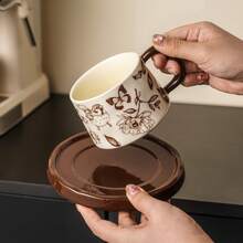 Vintage Floral & Bird Ceramic Teacup And Saucer Set, Luxury Retro Coffee Cup, Aesthetic Afternoon Tea Milk Mug, Elegant Home Cafe Decor, Gift For Her - Country Lily Coffee Cup and Saucer - Brown - View 6
