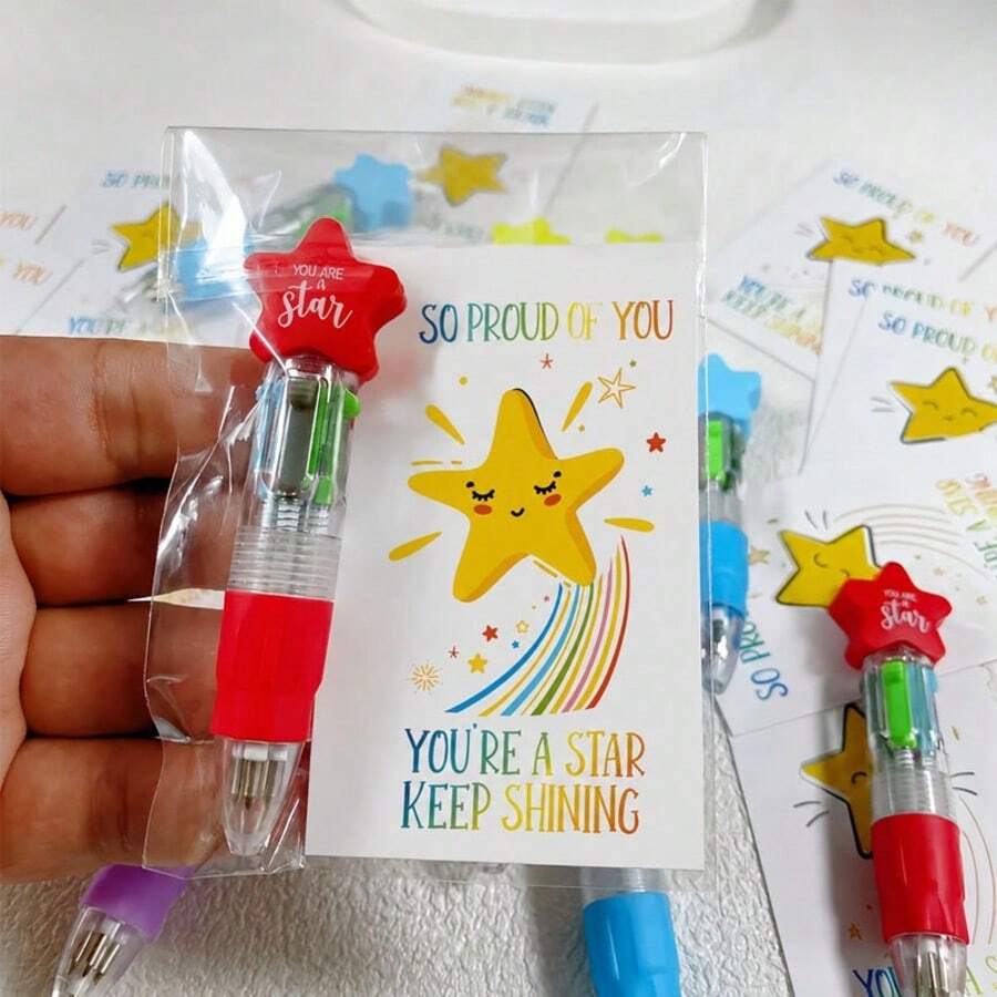 24/48pcs Star-Shaped Colorful Ballpoint Pen & Encouragement Card Set, Multi-Item Party Favor, Set Includes 12pcs 4-In-1 Function & Cards And 12pcs Star Pens, Suitable For School Activities & Birthday Party Gratitude Gifts, Thank You Gifts & Rewards