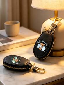 Car Key Case, Bear Print Key Holder, Pu Leather Key Pouch, Cute Bow Car Key Bag, Zipper Key Storage, Portable Car Key Case, Unisex Key Holder - Multicolor - View 2