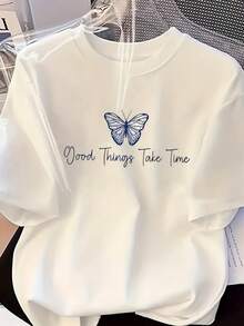 Women's Short Sleeve Round Neck Sports T-Shirt With Butterfly Print,Fast Local Delivery - 白色 - 查看 1