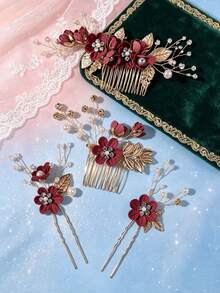 4pcs Set Simulated Ditsy Floral Metal Hair Forks Side Combs Suitable For Daily Wear - Coral Pink - View 11