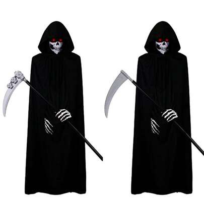 Horror Grim Reaper Halloween Costume Set, Black Long Hooded Cloak, Glowing Red Eye Skull Mask, Skeleton Gloves, Skull Decor And Solid Color Scythe Prop, Horror Ghost Cosplay Outfit, Suitable For Carnival Theme Party