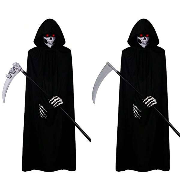 Horror Grim Reaper Halloween Costume Set, Black Long Hooded Cloak, Glowing Red Eye Skull Mask, Skeleton Gloves, Skull Decor And Solid Color Scythe Prop, Horror Ghost Cosplay Outfit, Suitable For Carnival Theme Party