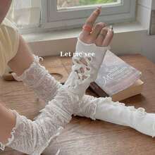 1Pair Y2K Ballet Style Lace Arm Sleeves, DIY Tie Design Ruffle Bow Lolita UV Protection Cuffs, Sweet JK Style For Daily Cosplay Party Matching - A Pair Of White Shoes With a Bow - View 2