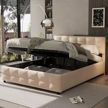Upholstered Bed 180*200cm, Slatted Frame, Hydraulic Single Bed, Dutch Velvet Fabric, Beige - Beige - View 4