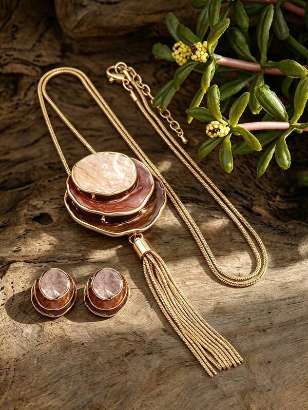 Cring Coco 2PCS/SET Woman Jewelry Set Fashion Boho Enamel Geometric Round Golden Necklace And Earrings Set Daily Party Vacation Music Festival Christmas Gift