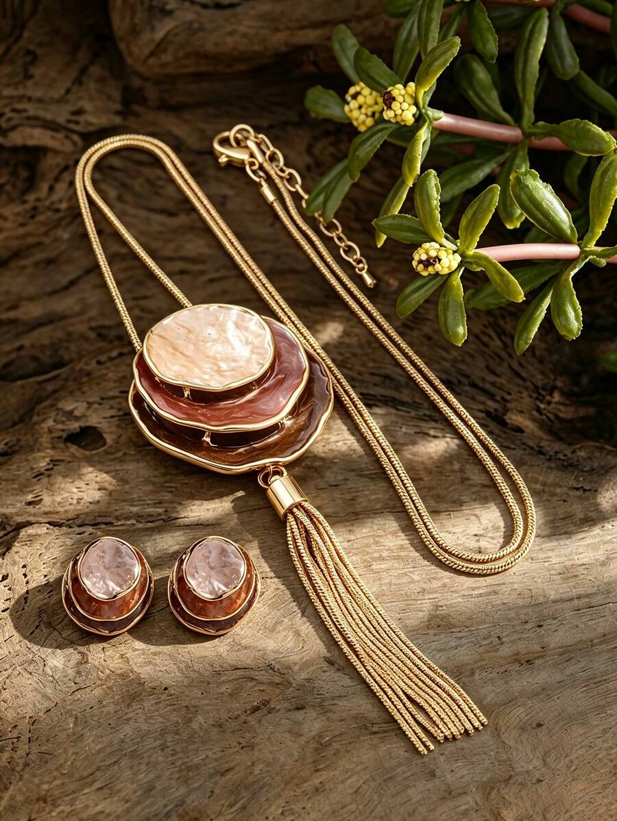 Cring Coco 2PCS/SET Woman Jewelry Set Fashion Boho Enamel Geometric Round Golden Necklace And Earrings Set Daily Party Vacation Music Festival Christmas Gift - Geometry - View 1