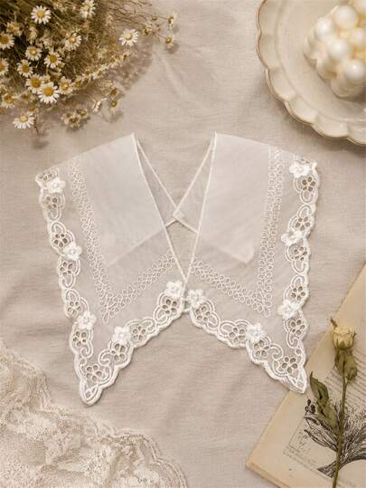 1pc Women White Sheer Organza Faux Collar With Floral Embroidery, Hollow Lace Scalloped Edge Detachable Collar For Dress Blouse