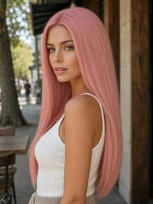 Women's Pink Long Straight Wig 28 Inch High Density Middle Part Design Heat Resistant Soft Synthetic Hair Versatile For Party Carnival Cosplay Decoration,Halloween - Pink - View 8