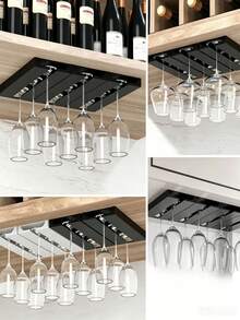 Under Cabinet Wine Glass Rack, No-Drill Under Cabinet Wine Glass Storage Rack, Stemware Rack, Wine Glass Stemware Draining Rack, Glassware Drying Rack, Suitable For Kitchen, Bar And Restaurant - Black - View 4