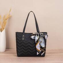 1pc Quilted Diamond Embroidered Scarf Decor Large Capacity Lightweight Versatile Commuter Tote Bag - Black - View 7