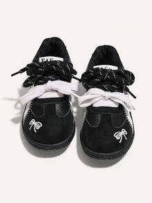 Bow Embroidery Kids' Sports Shoes, Colorblock Dual Laces & Hook And Loop Casual Training Sneakers - Black - View 2