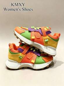 2026 New Women's Sports Shoes Thick Sole Chunky Heel Sneakers Spring/Summer Height Increasing Black & White Colorway Breathable Mesh Patchwork - Orange-red - View 3
