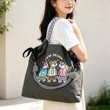 1pc Fashion Embroidered Colorful Schnauzer Pattern Storage Lightweight Nylon Large Capacity Shopping Bag Commute Party Crossbody Tote Bag - Multicolor - View 12