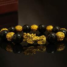 Gelang Pi Yao Ganda Obsidian Matte & Emas Pasir Baru, Kekayaan & Perlindungan, Gelang Pi Yao Tahun Zodiak, Hadiah Aksesori Fashion untuk Pria & Wanita - Hitam - View 10