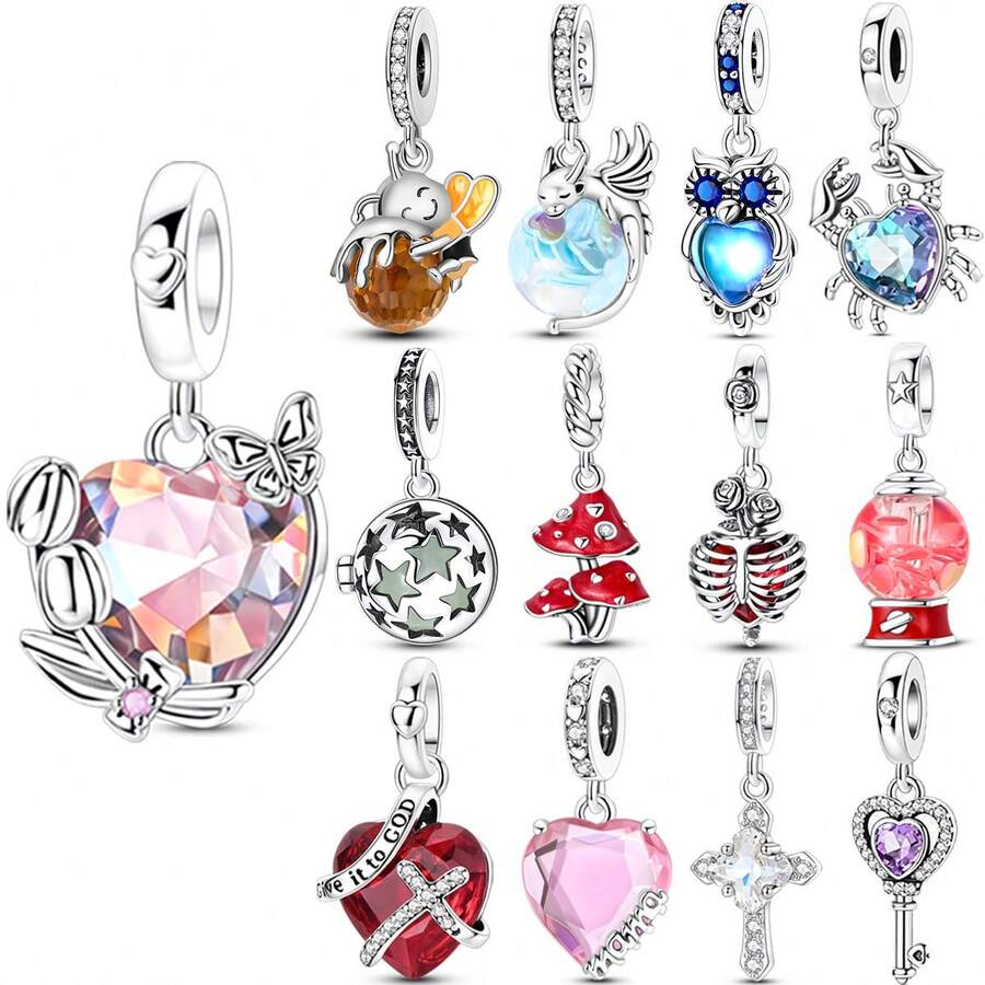 1pc Multi-Element Series Natural Gothic Dragonfly Mushroom Skeleton Heart Key Angel Wings Charm, Suitable For European DIY Snake Bracelet Necklace, Daily Commute Layering, Halloween Dark Style, Niche Subculture, Halloween Outfit, Sweet Girl Style Bracelet Accessory