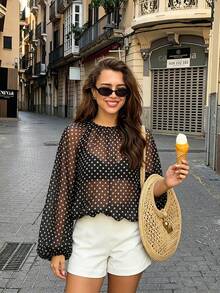 Women's Sheer Polka Dot Batwing Sleeve Top, Elegant Long Sleeve Open Shoulder Blouse, Suitable For All Seasons Black Vacation Summer - Black - View 4