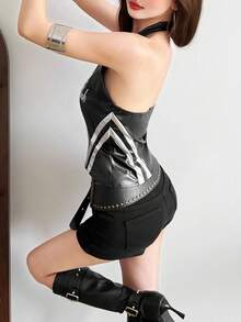 Chic Women's Black Faux Leather Halter Tank Top With Zipper Detail, Perfect Short Cami For New Year's Outfits - Black - View 8