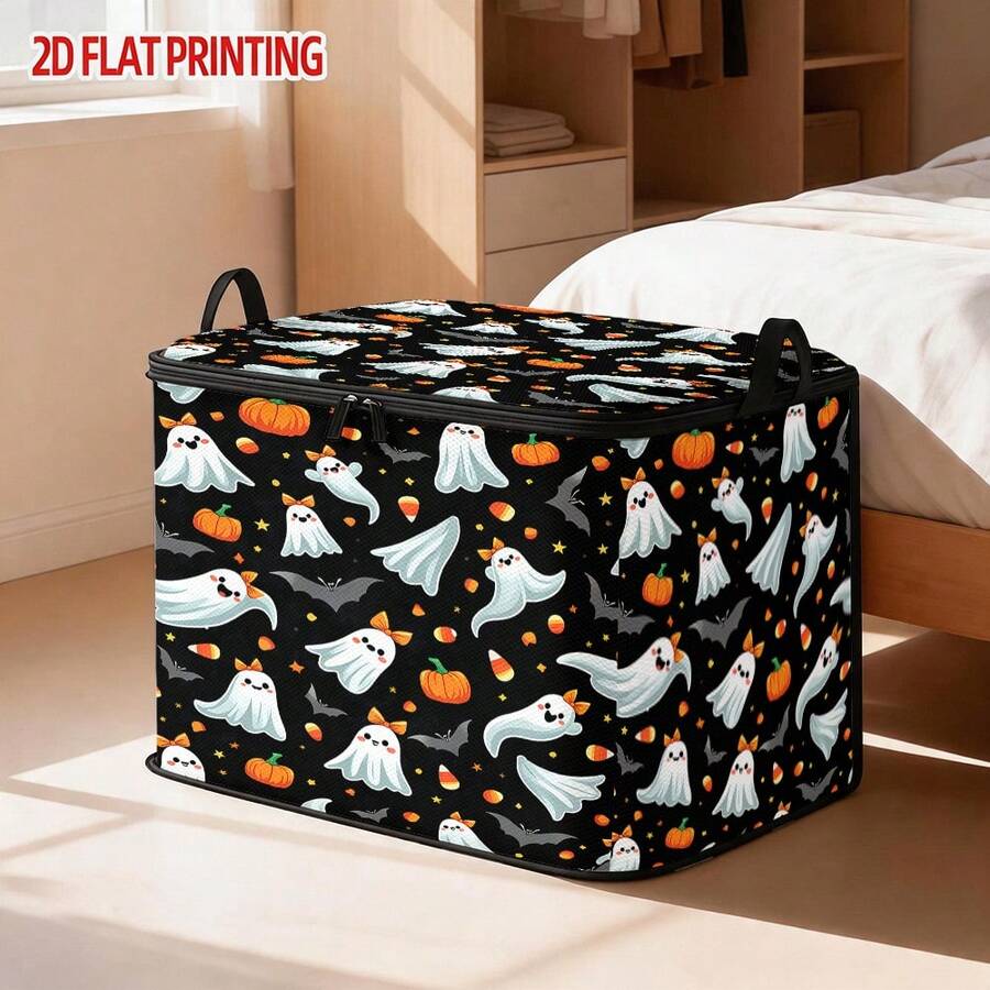 1pc Large Foldable Zipper Storage Box, Cute Bow Ghost Halloween Storage Box, Premium Style Element Print, Perfect For Home And Travel Storage - Multicolor - View 1