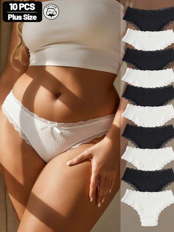 10pcs Plus Size Women's Floral Contrast Color Lace Trim Cotton Panties