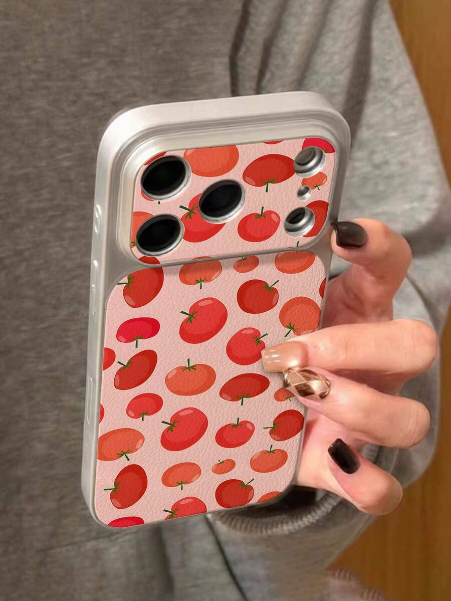 1 Peça Capa de Telefone de Couro PU com Textura de Pele de Carneiro Macia, Padrão de Tomate Fofo Personalizado, Cobertura Total, Botão Clássico, Anti-Queda, Pintura Metálica, Textura de Alta Qualidade, Adequado para Amigos, Família, Casais, Você Mesmo, Presente de Aniversário, Presente de Feriado, Compatível com Séries 17/16/15/14/13/14/12/11 - Multicolorido - Visão 1