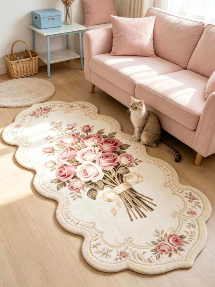 1 pieza Lazo rosa, alfombra decorativa de estilo crema, decoración de dormitorio, alfombra pequeña, alfombra, decoración del hogar, alfombra de sala de estar, alfombra pequeña de sala de estar, alfombra de dormitorio, decoración del hogar de sala de estar, alfombra de exterior, alfombra lavable - Multicolor 3 - Ver 1