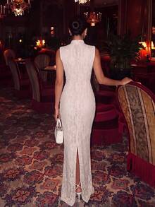 High Neck Lace Trim High Waist Backless Slit Maxi Dress, Perfect For Formal Banquets, Parties And Guest Ceremonies Party Wedding Spring Fall - Beige - View 2