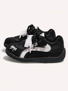 Bow Embroidery Kids' Sports Shoes, Colorblock Dual Laces & Hook And Loop Casual Training Sneakers - Black - View 6