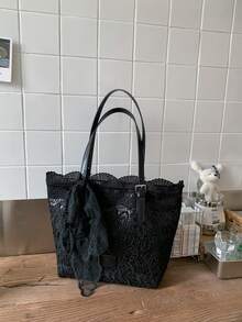 Lace Niche Design Fresh Literary Style Handbag, Bowknot Decoration, Large Capacity, Suitable For Vacation, Beach, Commute, Daily Matching - Black - View 5
