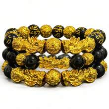 Gelang Pi Yao Ganda Obsidian Matte & Emas Pasir Baru, Kekayaan & Perlindungan, Gelang Pi Yao Tahun Zodiak, Hadiah Aksesori Fashion untuk Pria & Wanita - Hitam - View 2