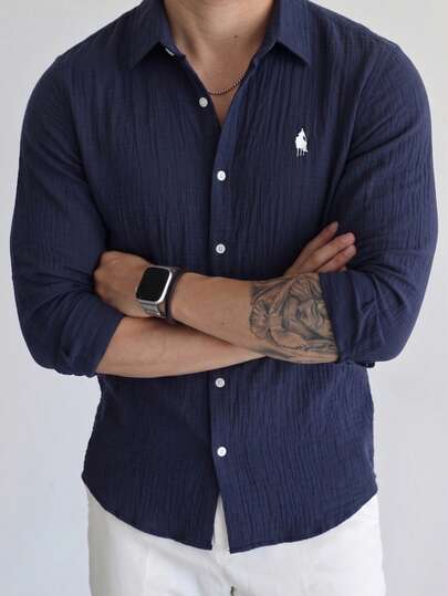 LOOKUN Men's Spring/Summer New Cotton Long Sleeve Shirt, Embroidered Pattern, Casual Navy Blue Blue