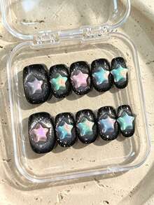 10 pièces Faux ongles carrés courts faits main, style Y2K doux et cool, base pailletée noire, décoration d'étoiles 3D iridescentes pour femmes et filles, utilisation pour les festivals, fêtes et la vie quotidienne au printemps, été, automne et hiver - Noir - Voir 1