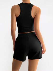 Unadoll Women Fall Black Casual Sporty Two‑Piece Set, Ribbed Racerback Crop Tank & Drawstring Shorts For Back To School, Sports & Daily Wear - Black - View 2