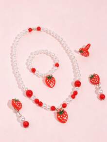 5pcs/Set Children's Sweet & Cute Strawberry Jewelry Set, Includes Necklace, Bracelet, Ring And Earrings, Suitable For Holiday Parties, Daily Wear - Multicolor - View 6