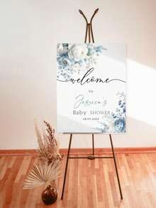 客製化姓名嬰兒洗禮帆布標誌（僅帆布）－個性化灰藍色花卉歡迎海報，花卉兒童生日派對背景布，無框 - 彩色 - 查看 7