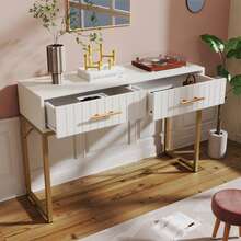 Dressing Table 100 X 45 X 76.5 Cm With 2 Drawers, White Vanity Table With Gold Handles And Ribbed Design, Bedroom Storage Cabinet Sideboard - White - View 3