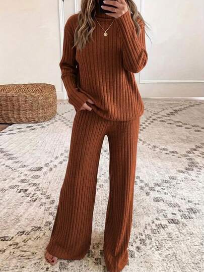Conjunto a juego de punto acanalado color caramelo, suéter de cuello alto y pantalones acampanados para mujer, ropa de descanso casual