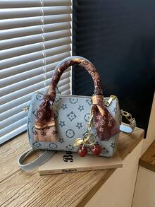 Dedoo Vintage Printed Mini Barrel Handbag With Scarf Decoration, Detachable Shoulder Strap, Women's Multi-Functional Shoulder Crossbody Bag (Scarf/Cherry Style, Random Color) - Blue - View 7