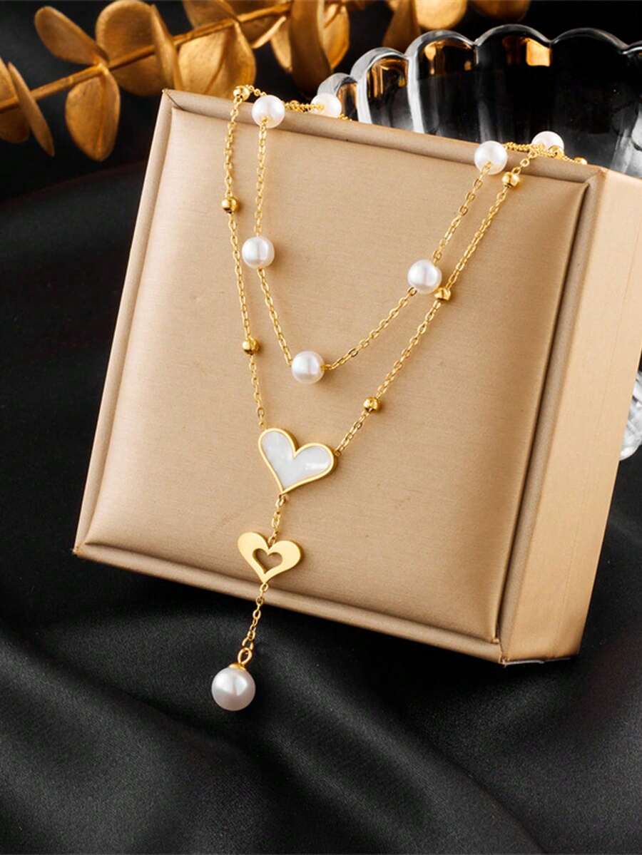 RAYQUEEN 1pc Fashion Double Layer Heart Pendant Pearl Stainless Steel Necklace, Sexy French Style Tassel Layered Choker Accessory For Women - Gold - View 1