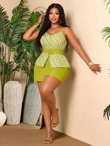 BIUBIU Plus Size Green Two Pieces Set For Women Top,Tropical Outfits Plus Size Elegant Summer - White and Green Stripes - View 6