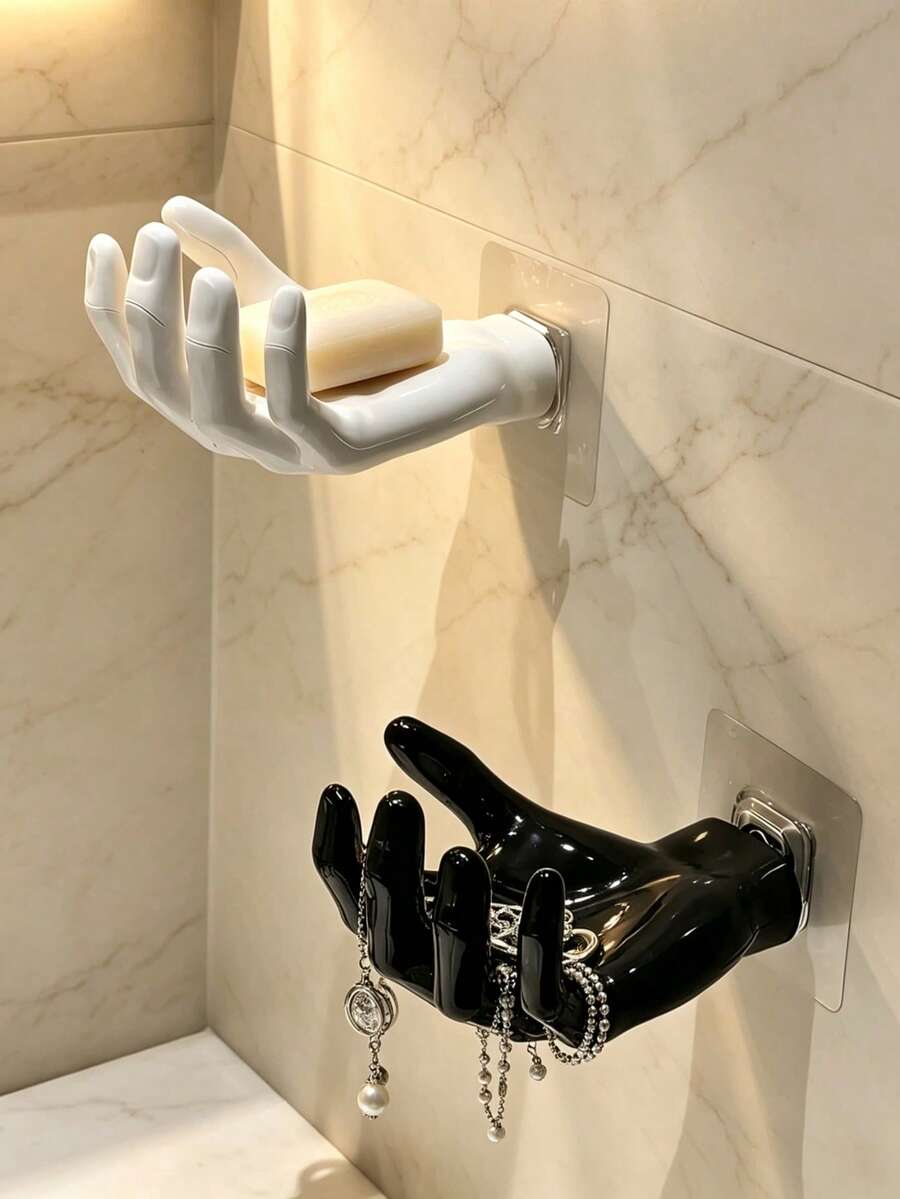 1 pieza Estante de almacenamiento de joyas montado en la pared con forma de mano, jabonera con diseño creativo de palma, adecuado para baño, dormitorio, tocador