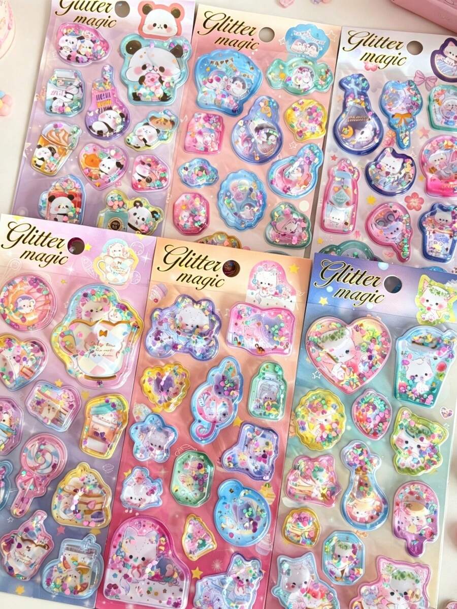 Kawaii Cartoon Liquid Shaker 3D Stickers Cute Panda Cat Glitter Sequins Puffy Stickers For Journal Scrapbook DIY Kids Decorative Stationery Stickers - Color - View 1