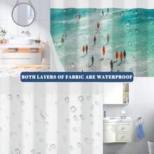 No Hook Shower Curtain With Snap In Liner, Abstract Coastal Art Print, Waterproof Fabric Bath Curtain With See Through Top, Modern Ocean Vibe Bathroom Decor, 71W X 74H - Beach Scene - View 4